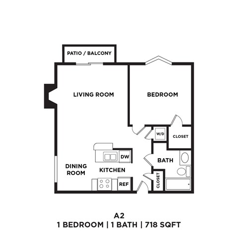 A 2 bedroom apartment with 1 bathroom is 718 sqft.
